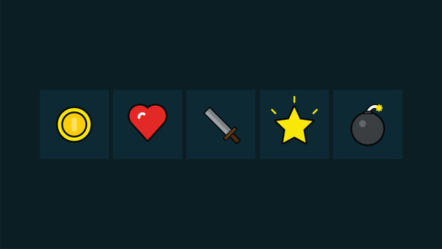 Retro Video Game UI Icon Set with Coin Heart Sword Star and Bomb