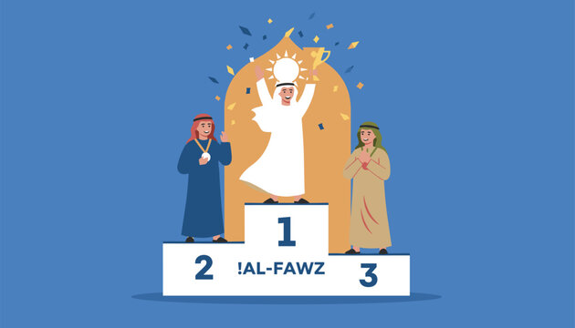 Proud Arab athletes celebrate their victory on a podium with the winner holding a trophy during Al Fawz sports event.