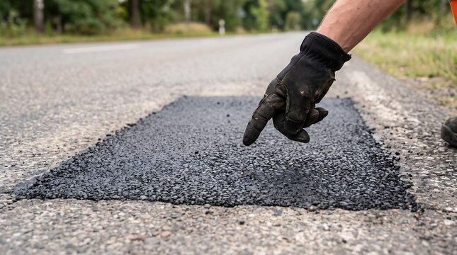 Construction worker hand pointing to asphalt pavement patch