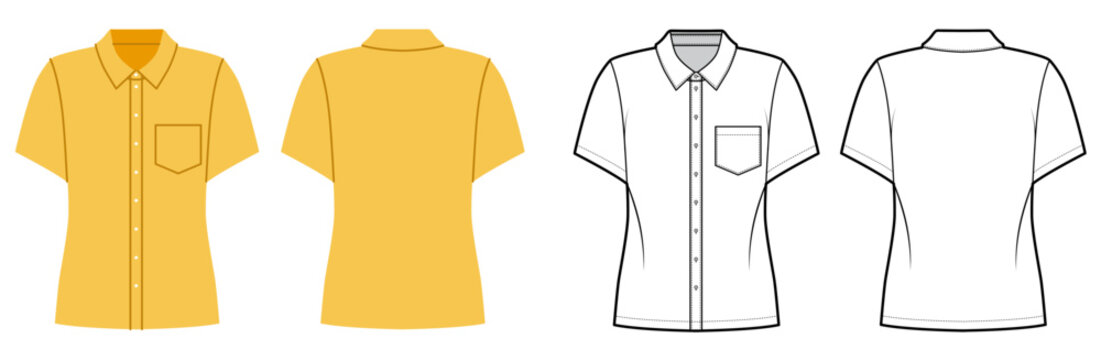 Classic shirt with collar, short sleeves and chest pocket, clean silhouette with minimal shaping. Technical fashion illustration in black white color, front back views, modern apparel CAD template