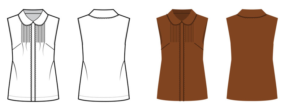 Sleeveless top pintuck front panel, rounded collar button closure. Technical fashion illustration in black white color, front back views, clean contour, fitted silhouette, apparel CAD template. Vector