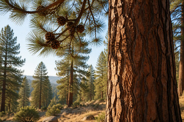 Fototapeta premium Ponderosa pine trunk with needles and cones in forest, nature and wilderness concept