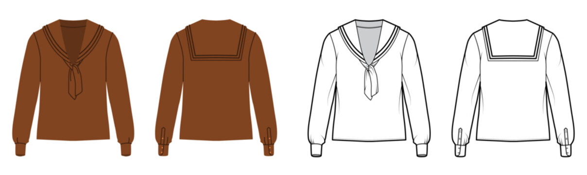 Top with sailor collar, tie detail long sleeves with relaxed silhouette and clean construction lines. Technical fashion illustration in black and white color, front back views, CAD template. Vector