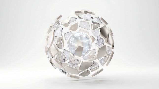 Abstract geometric sphere made of silver fragments and glass shards on white background