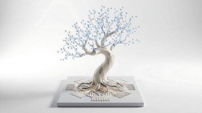 Artificial intelligence tree with digital data leaves on a white background