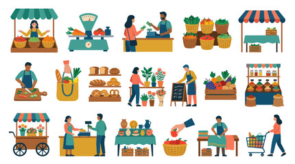 Naklejka premium Flat Style Farmers Market Scene with People, Produce, and Stalls