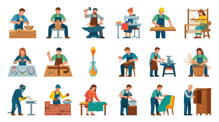 Fototapeta premium Artisan and Craft Professions Flat Vector Illustration. Manual Labor, Traditional Trades, Handmade Skill Icons