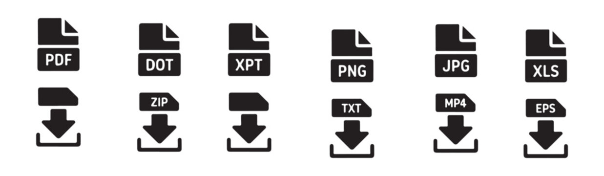 Flat black digital file icons with download arrows representing common multimedia and document file extensions.
