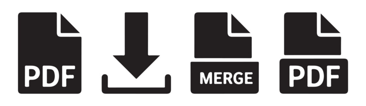 Set of pdf file icons featuring download and merge functions for document management solutions.