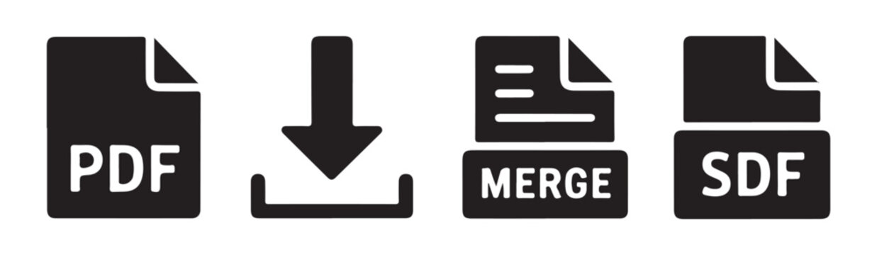 Set of file icons for pdf and sdf documents with download and merge functionality for data handling.