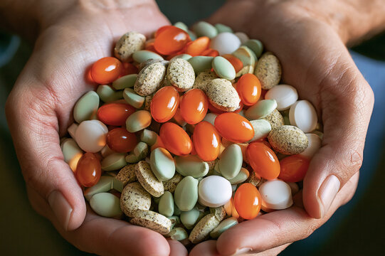 open palm overflowing with colorful unbranded medicine pills and gel caps