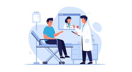 Fototapeta premium Telemedicine Consultation: Doctor Video Calls Patient on Screen, Isolated