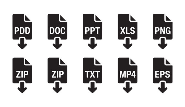 Set of flat black file download icons with common document extensions and downward directional arrows.