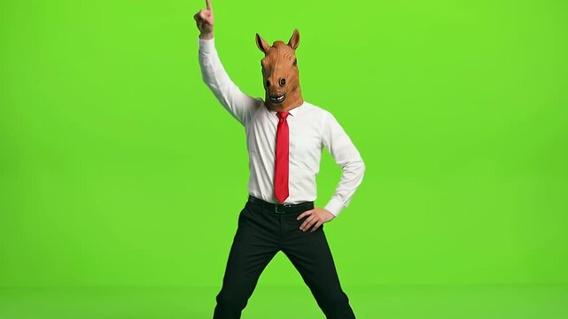 Businessman in Horse Mask Doing 70s Disco Point Dance.