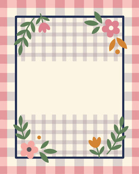 Cute floral frame border with pink gingham plaid pattern
