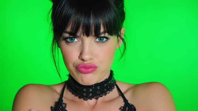 Disgruntled model with ponytail looks down rubbing chin. Serious young woman purses lips expressing dissatisfaction