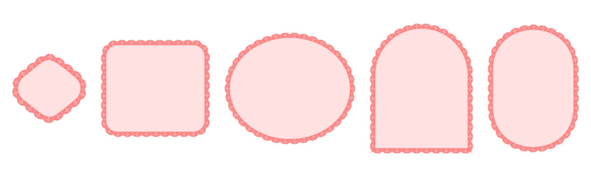 Coral petite floral scallop lace borders outline diamond, square, oval, arch plus capsule frames with salmon edging isolated on white as modern minimal eyelet set for wedding labels or craft projects.