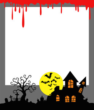 Halloween Blood Drip Frame with Haunted House , Spooky Vector Illustration