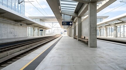 Fototapeta premium Modern Train Station Platform with Concrete Pillars and Tracks
