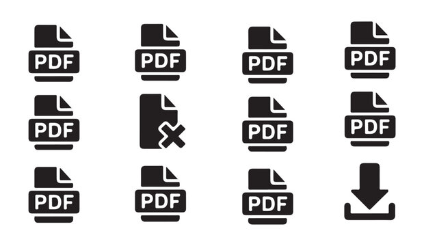 Grid of twelve black flat PDF file icons showing variations in appearance and action for digital interface.