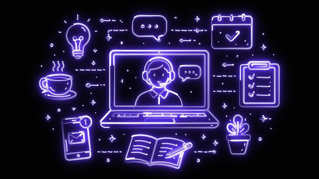 Remote work essentials symbol with glowing blue neon light path effect on plain black background
