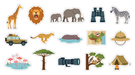 Naklejka premium Flat Vector Safari Animals and Icons Sticker Set for Wildlife Exploration