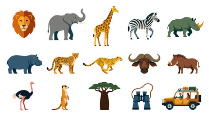 Naklejka premium Flat Design African Safari Animals and Icons Vector Set