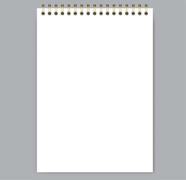 White blank notebook page shows unruled surface, top wire binding, and upright portrait format on light gray background. Suitable for schoolwork, planning, stationery layouts, notes and printable