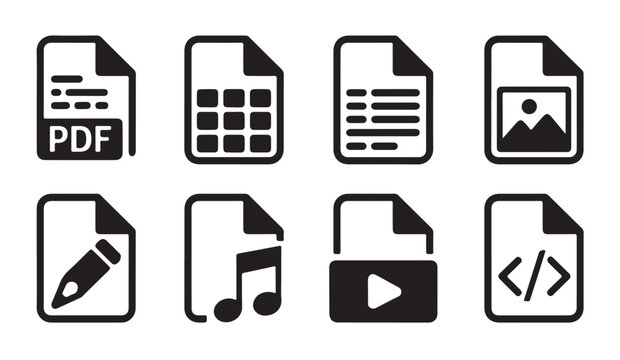 Black icons representing document types and media formats for interface.