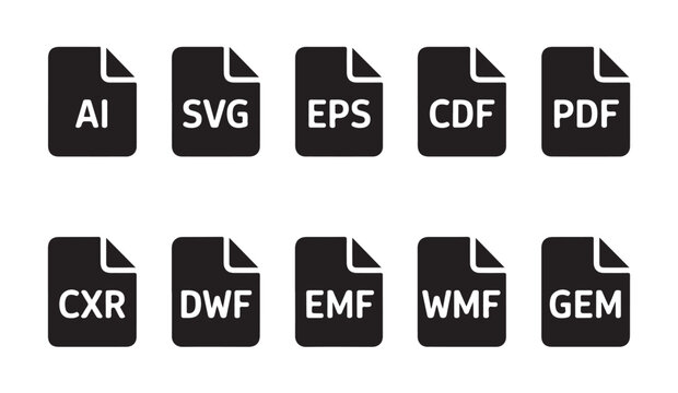 Vector icons for vector graphics and document file types in black.