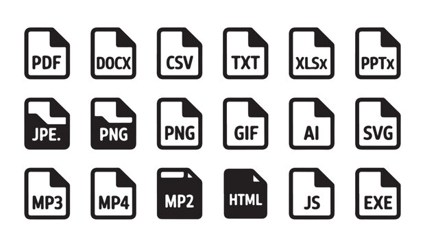 Universal set of black document file extension icons for web development and multimedia software interfaces.