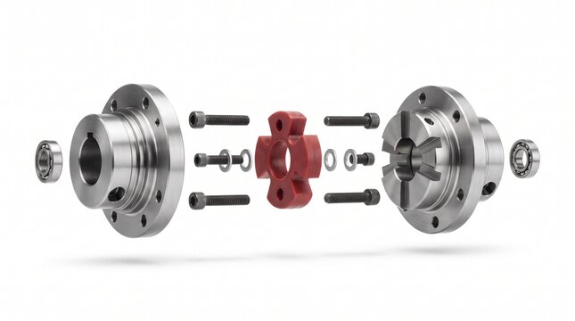 Flexible shaft coupling mechanical components are organized in an exploded view display on a neutral background.