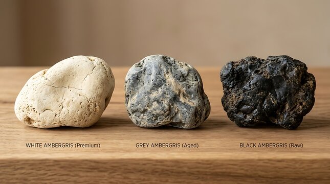Three types of ambergris displayed