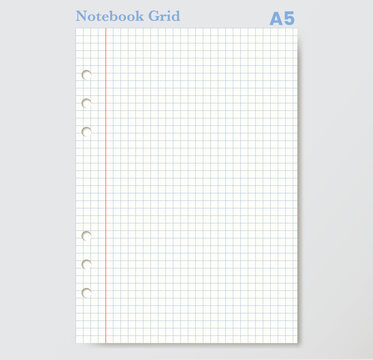 White A5 loose leaf notebook grid sheet displays punched holes and flat vector linework. For printable stationery, worksheets, planners, notes, office, school, writing, organization, layouts
