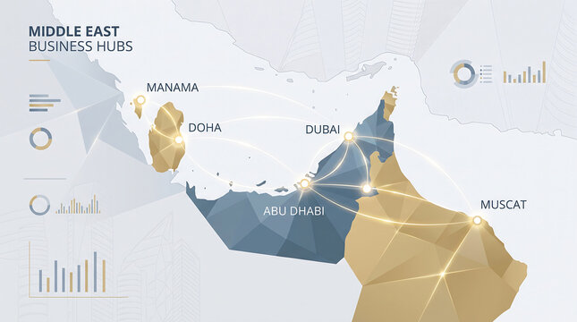 Stylized geometric map illustrating Middle East business hubs and connectivity between major cities with accompanying data visualizations.
