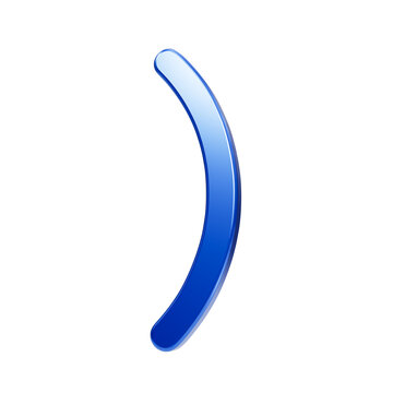 A single glossy blue right parenthesis symbol isolated on a black background, featuring a smooth 3d metallic texture and soft lighting effects