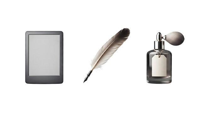Digital reader quill pen and vintage perfume bottle with electronics on transparent background