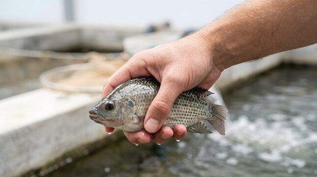 Hand holding adult tilapia fish at outdoor aquaculture pond