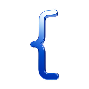 Shiny 3d blue left curly bracket isolated on a black background, representing programming syntax, coding, and mathematical notation
