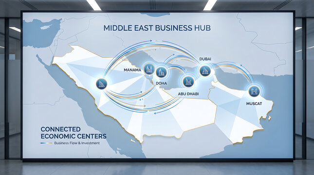 Modern display screen presenting an interactive map of the Middle East, illustrating a network of major business and economic hubs.