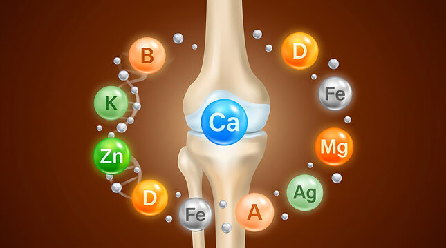 Human knee joint with surrounding nutrient spheres and d n a helix bone calcium vitamin