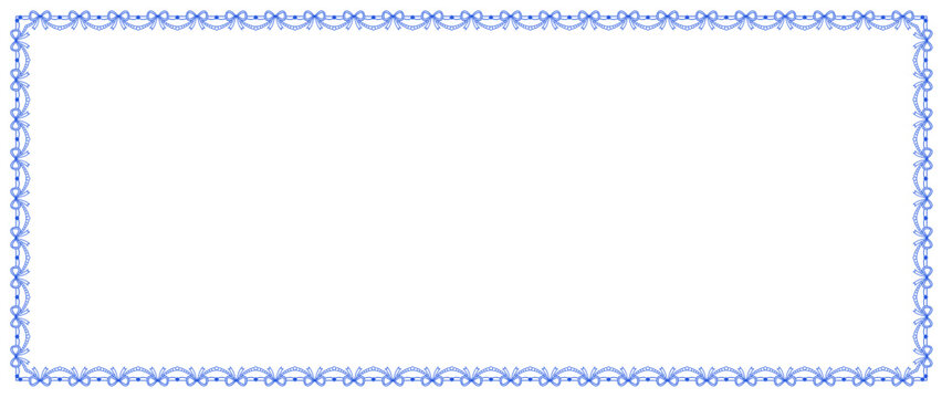 Blue bow lace horizontal rectangle border with pearl garland scallops between ribbon knots forms coquette romantic. decorative trim isolated on white for wedding invitations or stationery layouts.