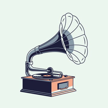 Vintage gramophone illustration featuring classic analog audio equipment design isolated on a light background with stylized vector illustration