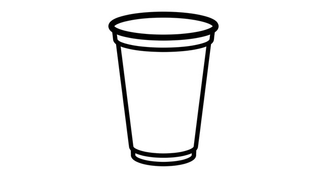 Simple black and white line art of a disposable paper or plastic cup. Great for coffee shop icons, beverage packaging design, and everyday object coloring pages