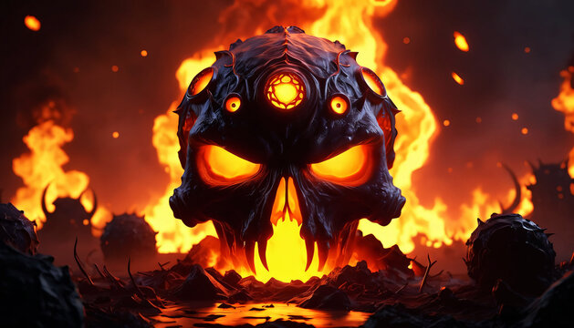 Fiery demonic skull emerging from flames
