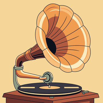Vintage gramophone illustration featuring classic analog audio equipment design for retro music themes with stylized vector illustration gramophone ornate horn