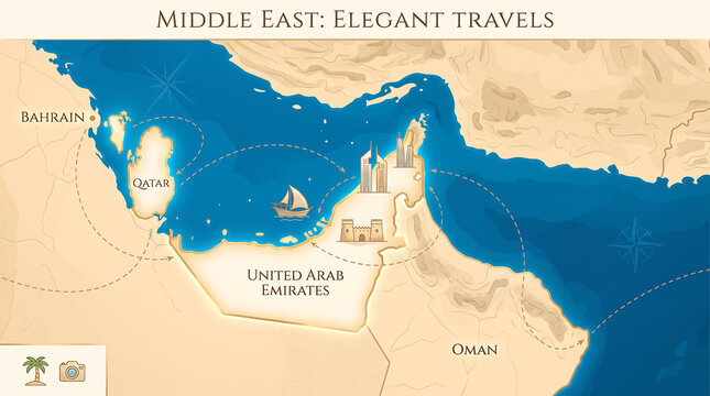 Stylized map of the Middle East, showing elegant travels across the Arabian Gulf with UAE, Qatar, Bahrain, Oman, dhows, and modern cityscapes.