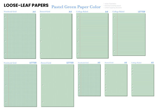Green LETTER loose leaf dotted grid set displays punched holes and flat vector linework. For printable stationery, worksheets, planners, notes, office, school, writing, organization, layouts