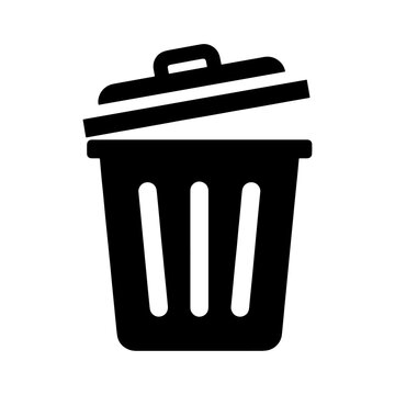 Black and white vector icon of an open garbage can or waste bin for recycling and disposal design with disposal
