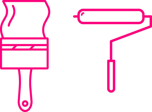 Rose Paintbrush and Paint Roller Outline Icon Set Isolated on Transparent Background PNG Vector